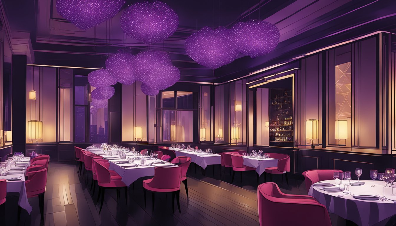 The dimly lit dining room of Ultraviolet by Paul Pairet in Shanghai exudes an intimate and romantic ambiance, perfect for a Valentine's Day dinner