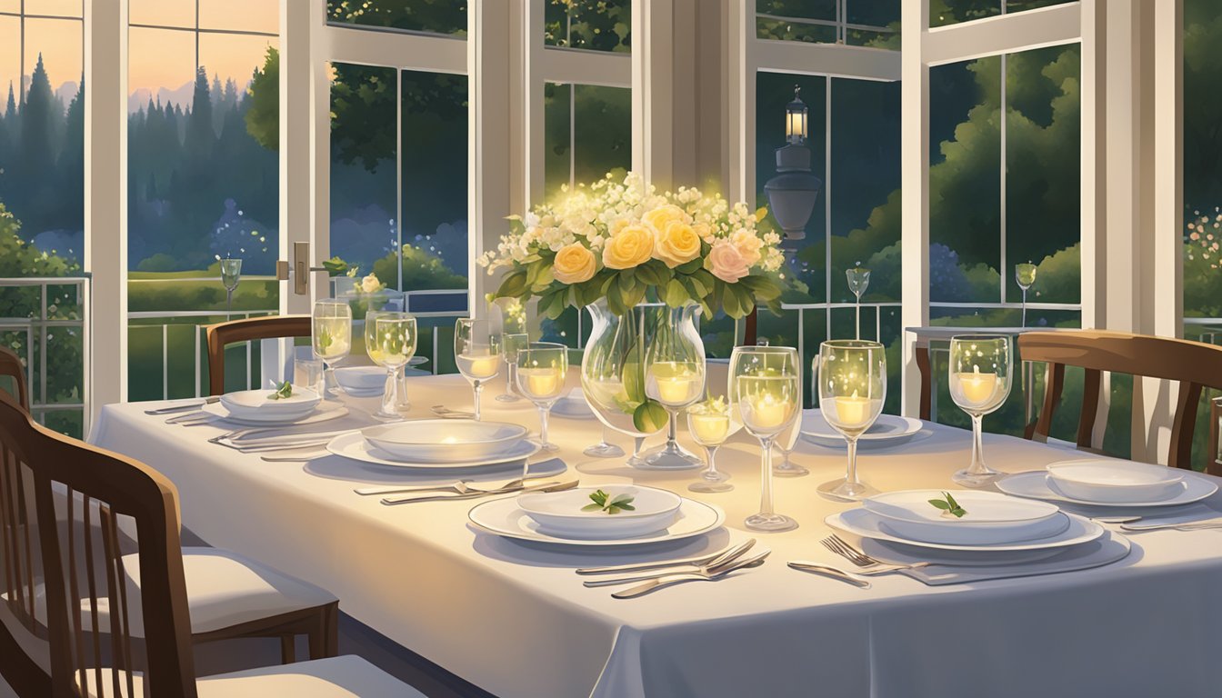 A candlelit table set with fine china and crystal glasses at The French Laundry, with a view of a lush garden and soft background music