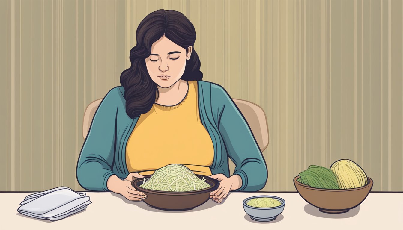 A pregnant woman sitting at a table, with a bowl of raw sauerkraut in front of her, looking uncertain