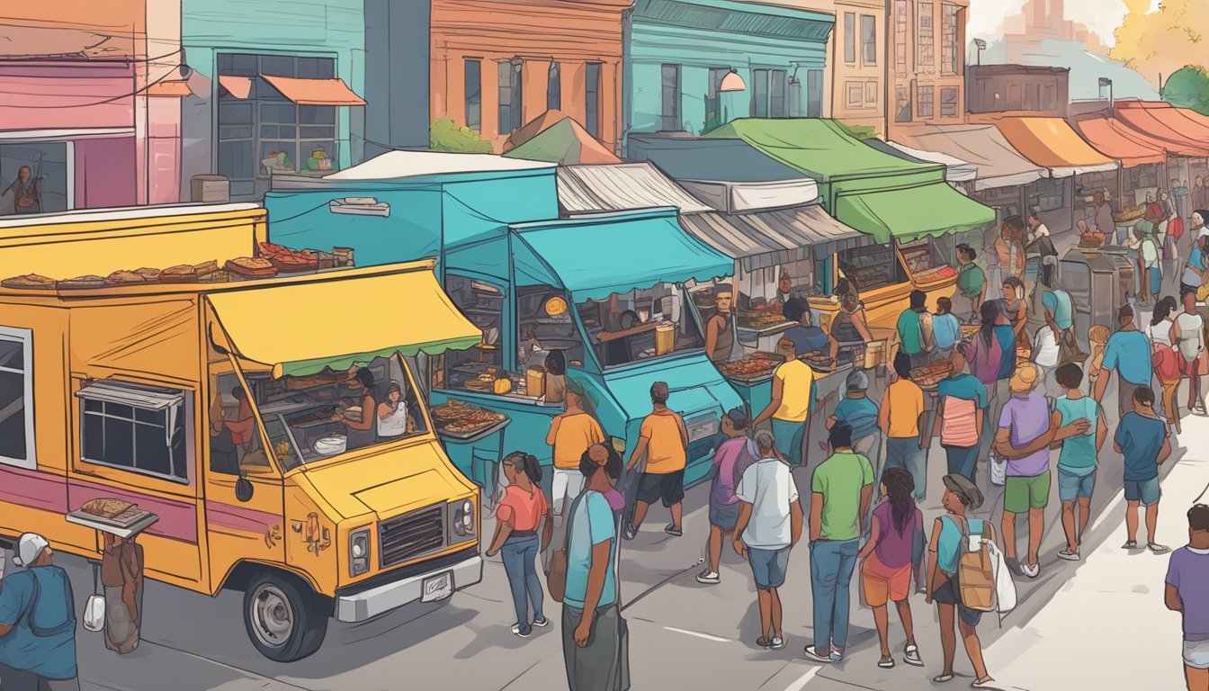 A bustling street with colorful food trucks lined up, smoke rising from grills, and people enjoying delicious BBQ in Austin