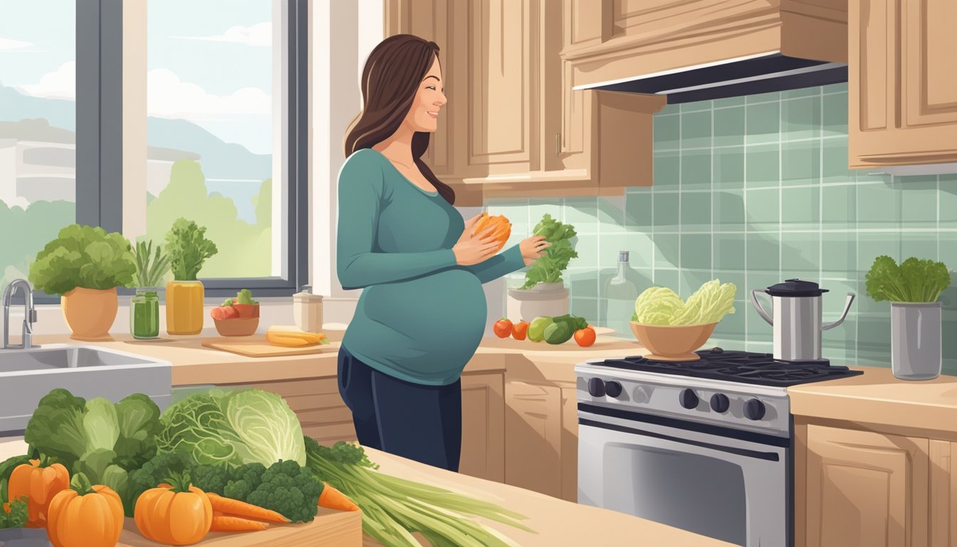 A pregnant woman standing in a kitchen, reaching for a jar of raw sauerkraut on a shelf, with various vegetables and a cutting board on the counter