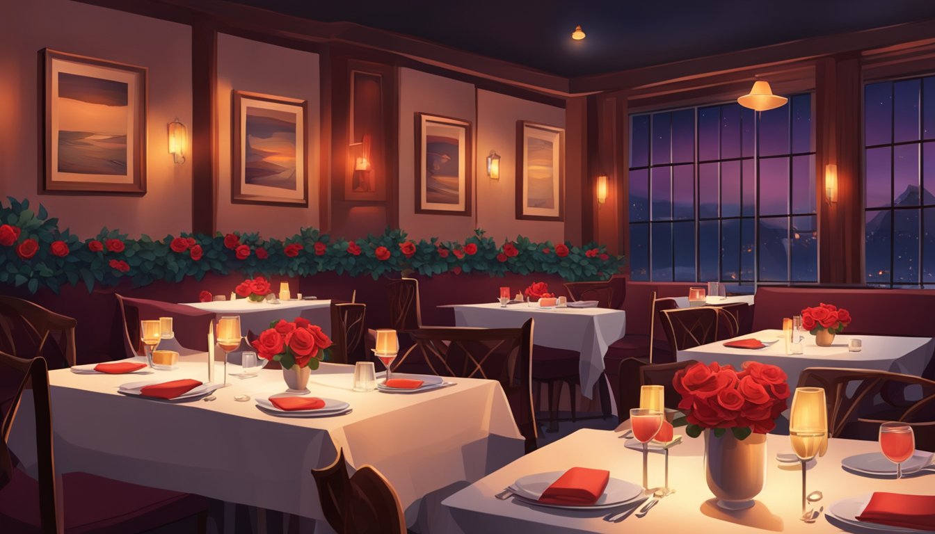 A dimly lit, candle-lit restaurant with tables adorned with red roses and soft, romantic music playing in the background