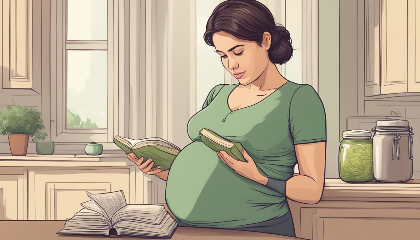 A pregnant woman holding a jar of sauerkraut, with a concerned expression, while reading a book about pregnancy and nutrition