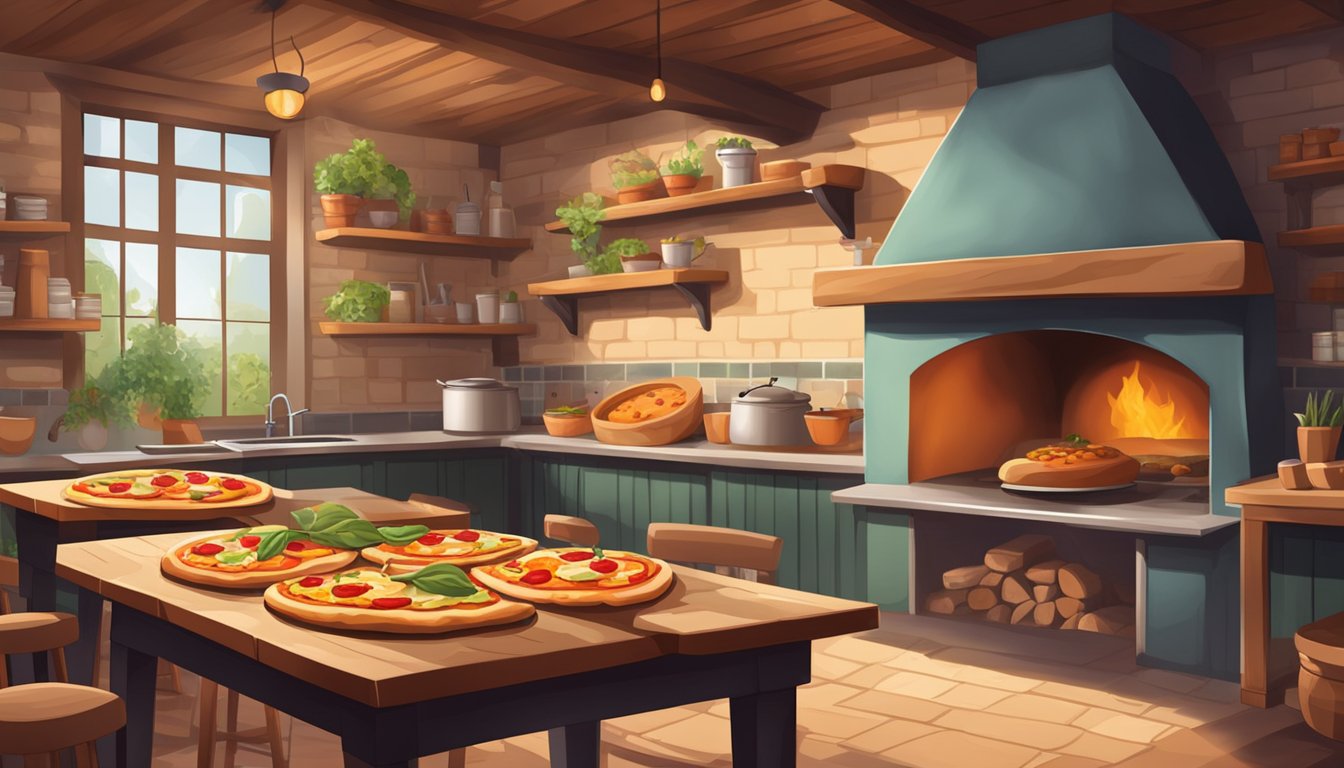 A rustic pizza workshop with fresh farm ingredients, wood-fired oven, and a cozy, inviting atmosphere