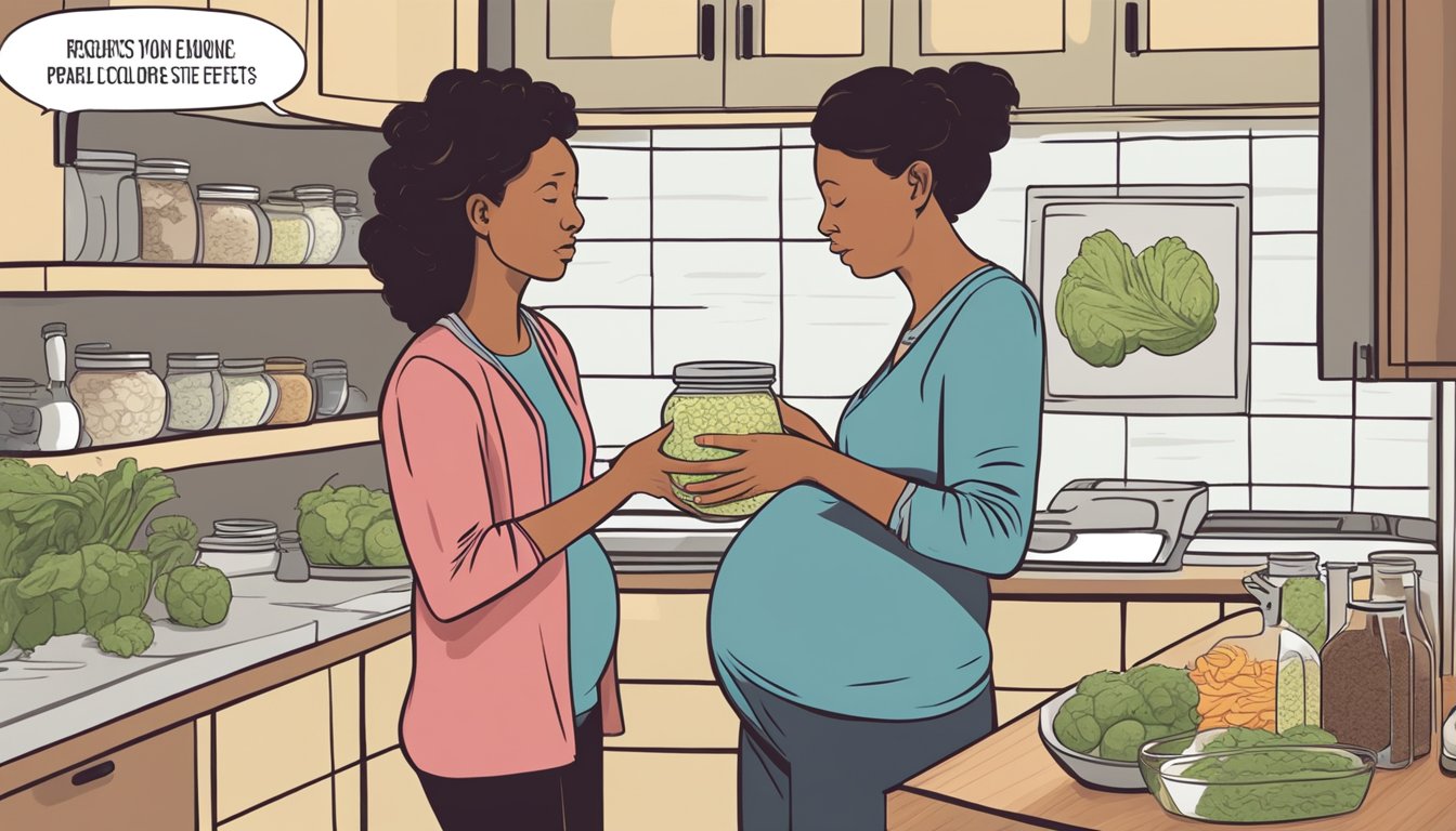 A pregnant woman standing in a kitchen, looking at a jar of sauerkraut with a concerned expression on her face. A thought bubble shows images of potential side effects and digestive issues