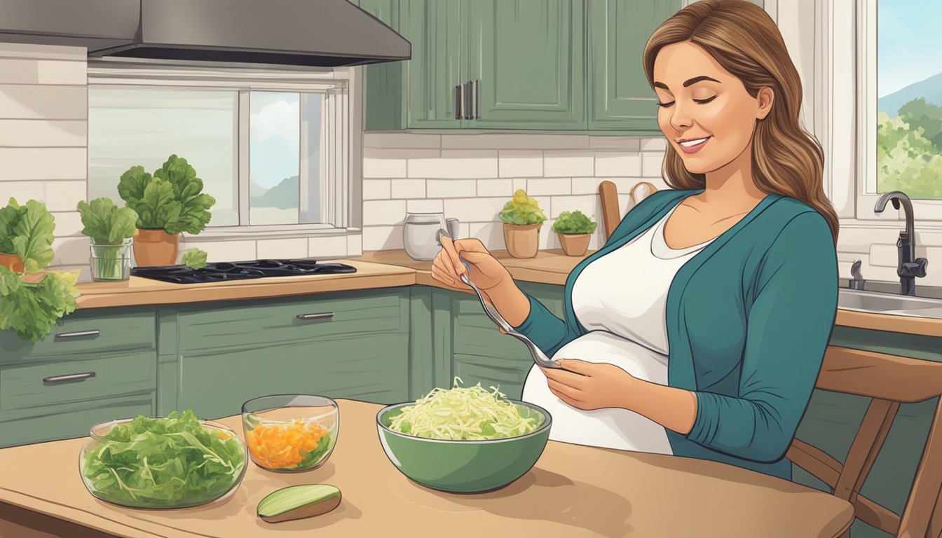 A pregnant woman sitting at a table, adding a spoonful of sauerkraut to her salad, with a content expression on her face