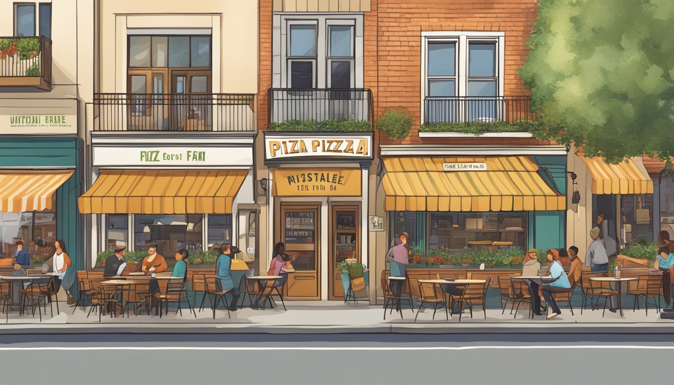 A bustling city street lined with diverse farm-to-table pizza restaurants, each with unique signage and outdoor seating