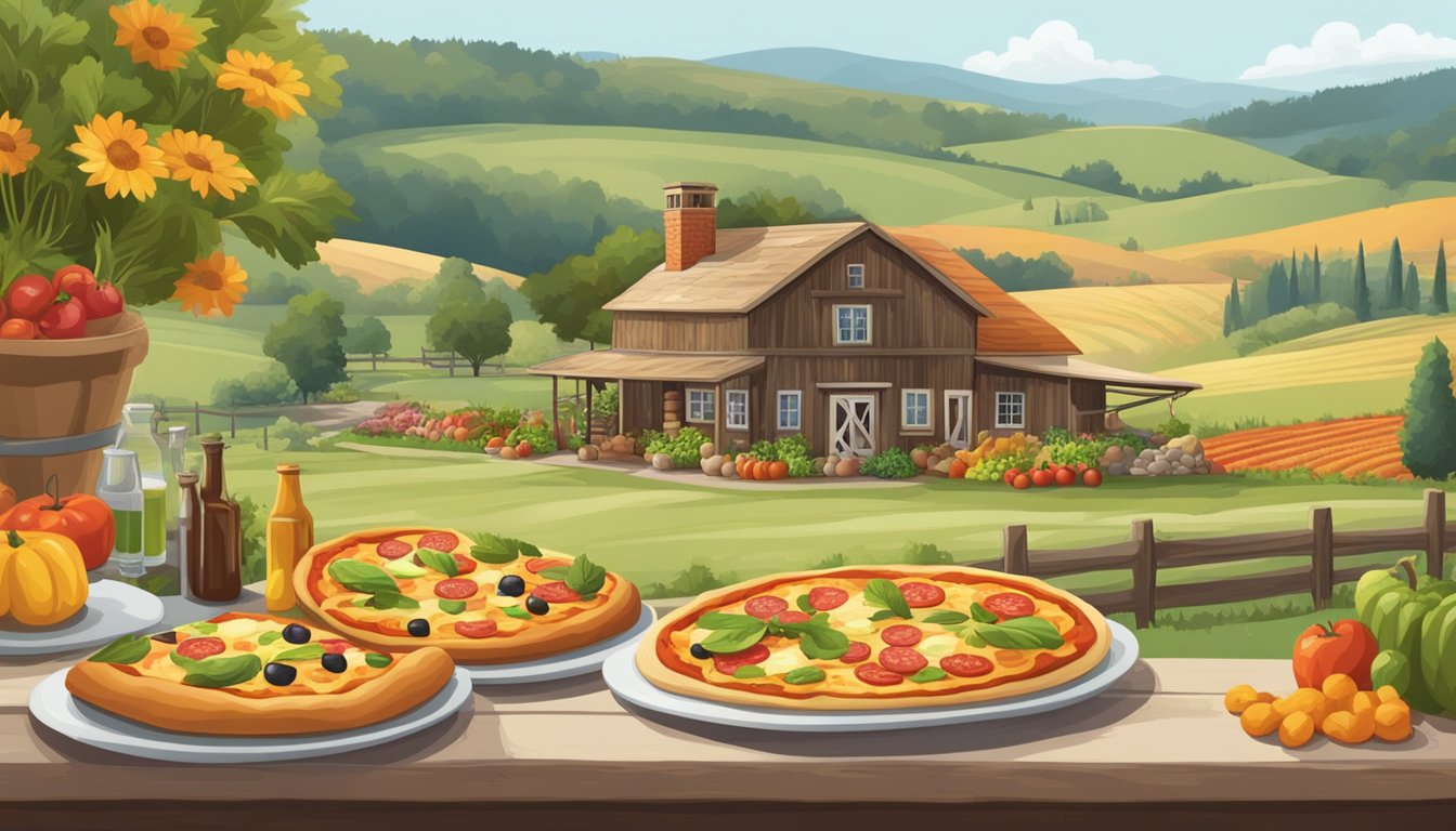 A rustic farmhouse with a pizza oven, surrounded by fields of fresh produce and grazing livestock. Tables set with colorful, locally-sourced ingredients