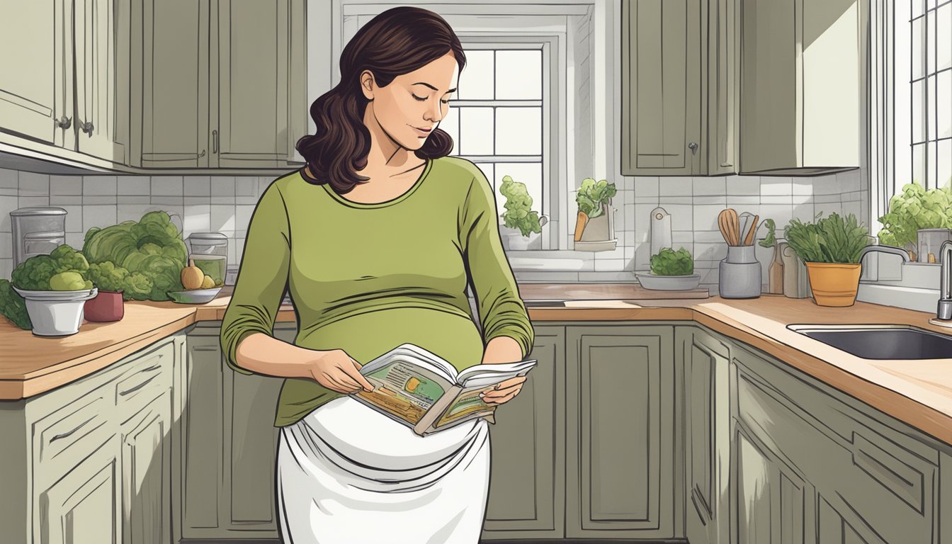 A pregnant woman standing in a kitchen, holding a jar of raw sauerkraut and looking uncertain while reading a pregnancy book