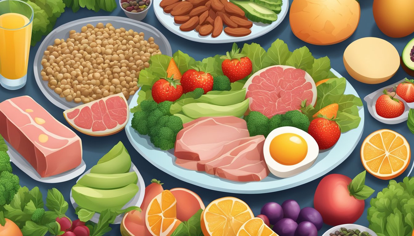 A colorful plate with a variety of high-protein foods, such as lean meats, eggs, dairy, and legumes, surrounded by vibrant fruits and vegetables