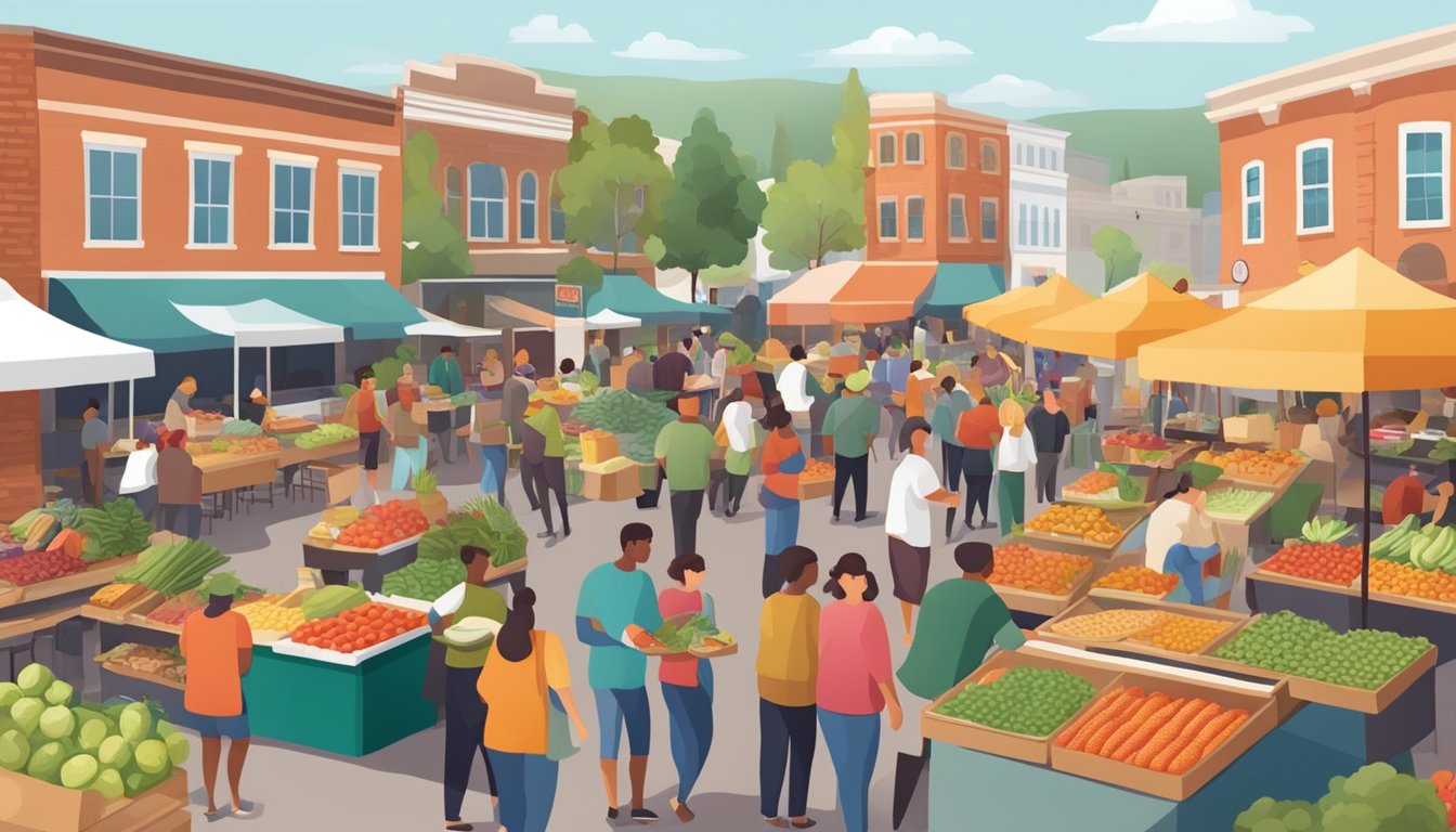 A bustling farmers market with colorful produce and local vendors, surrounded by cozy pizza restaurants with outdoor seating