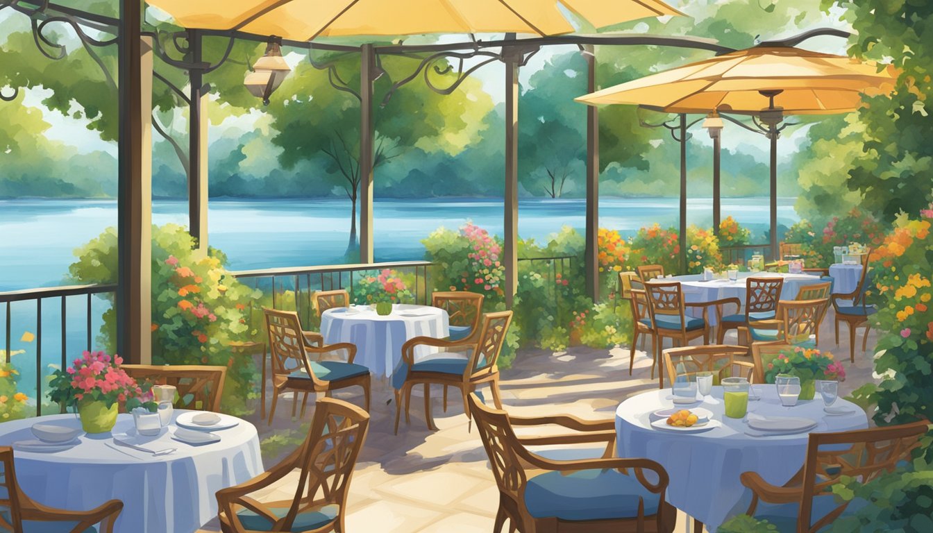 A sprawling outdoor patio surrounded by lush greenery, with colorful umbrellas shading elegant tables and chairs, where diners enjoy a view of a serene lake