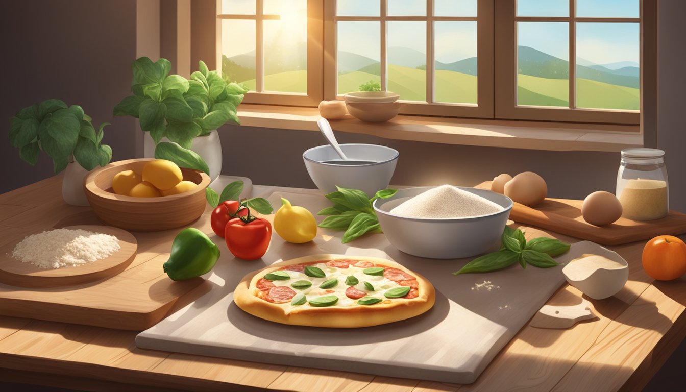 Fresh ingredients arranged on a wooden table, with a rolling pin, flour, and a pizza stone nearby. Sunlight streams through a window onto the scene