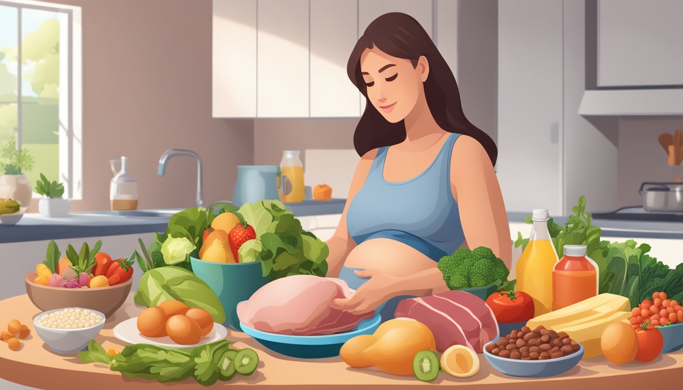 A pregnant woman sitting at a table with a variety of protein-rich foods such as lean meats, eggs, dairy products, and legumes, surrounded by colorful fruits and vegetables