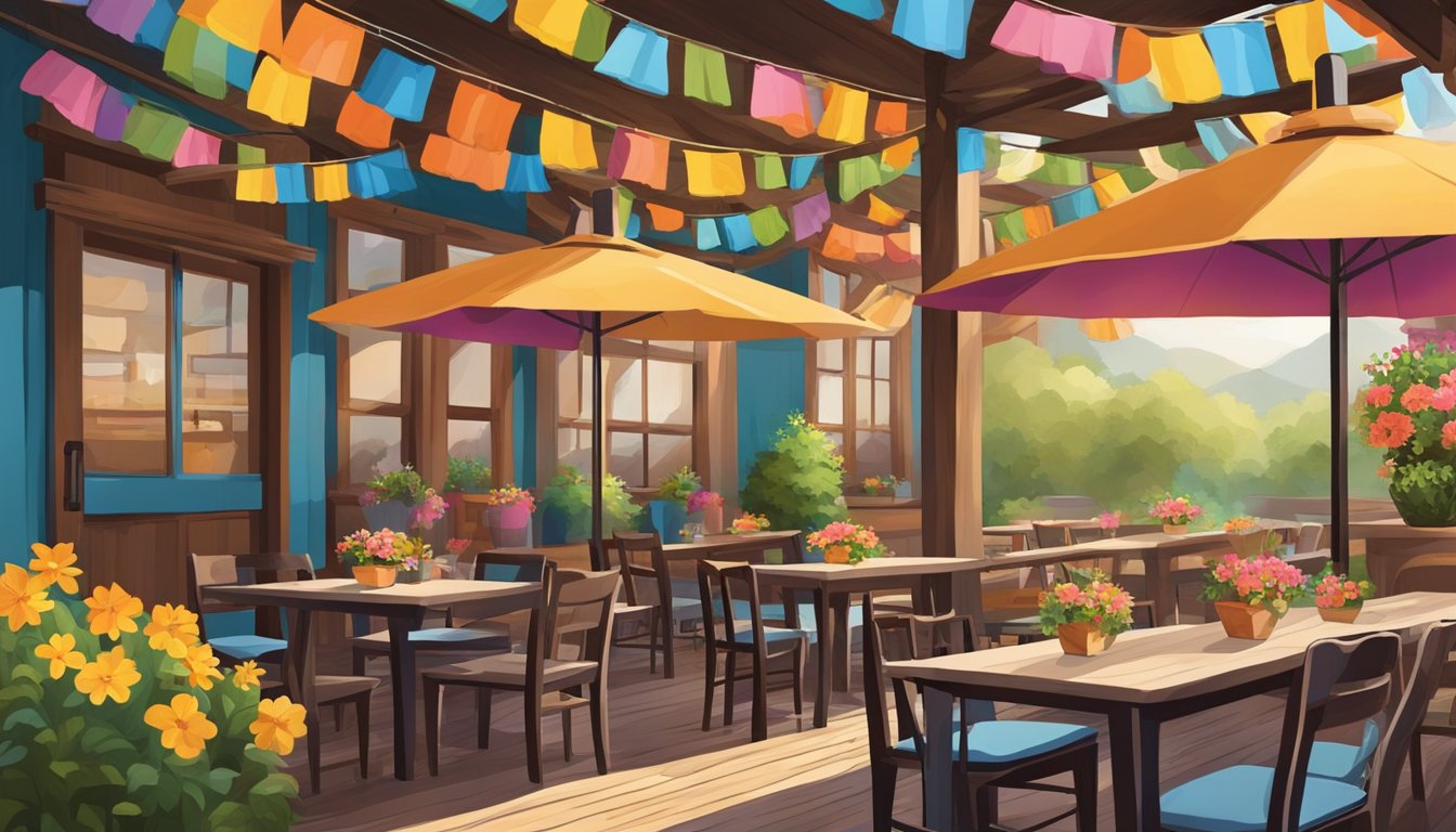 A colorful and vibrant Texan restaurant patio with blooming flowers, rustic wooden tables, and a lively atmosphere