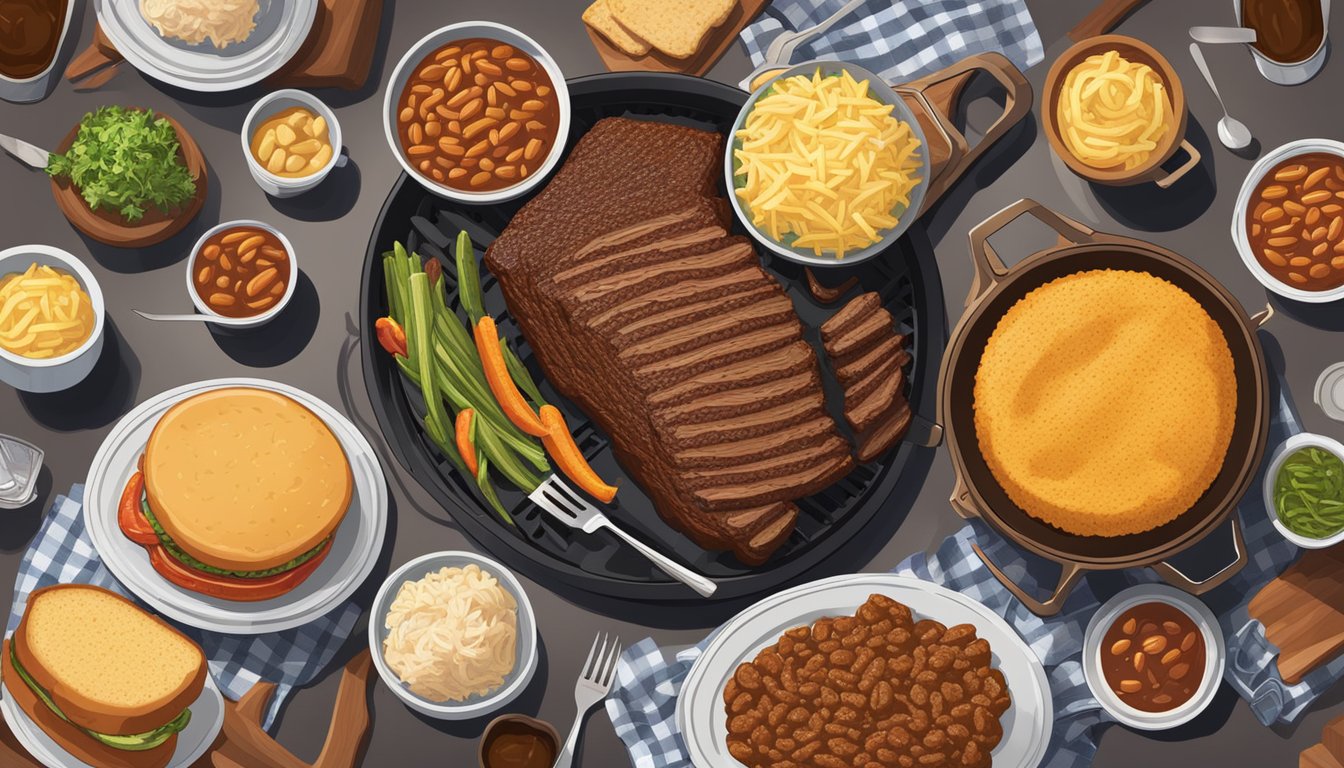 A sizzling barbecue brisket on a smoky grill, surrounded by classic Texas dishes like cornbread, coleslaw, and baked beans