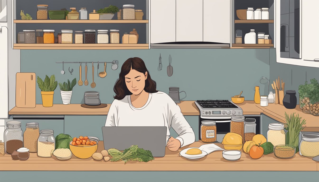 A pregnant woman sitting at a kitchen table, surrounded by various food items including a jar of tahini. She is looking at a laptop, researching the nutritional profile of tahini