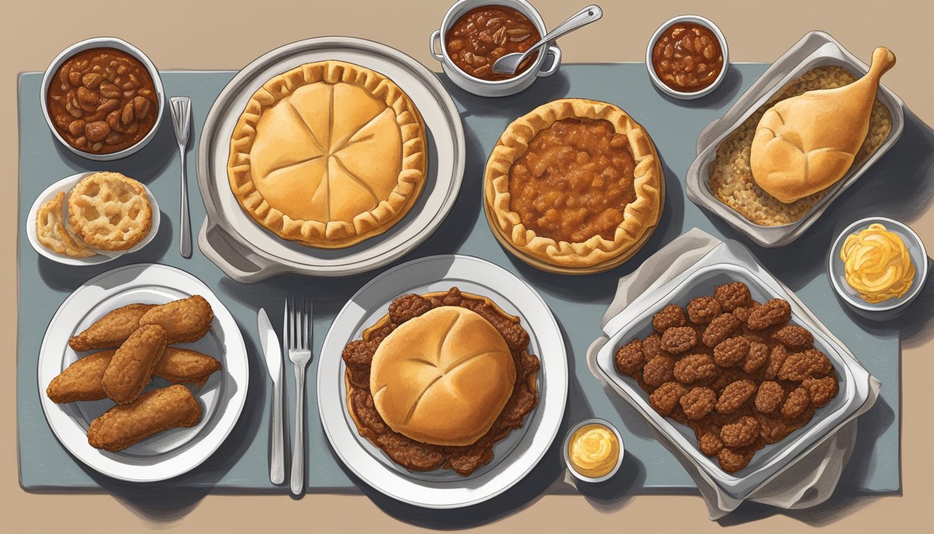 A table set with plates of chili, barbecue, chicken fried steak, pecan pie, and kolaches, each dish representing a different region of Texas