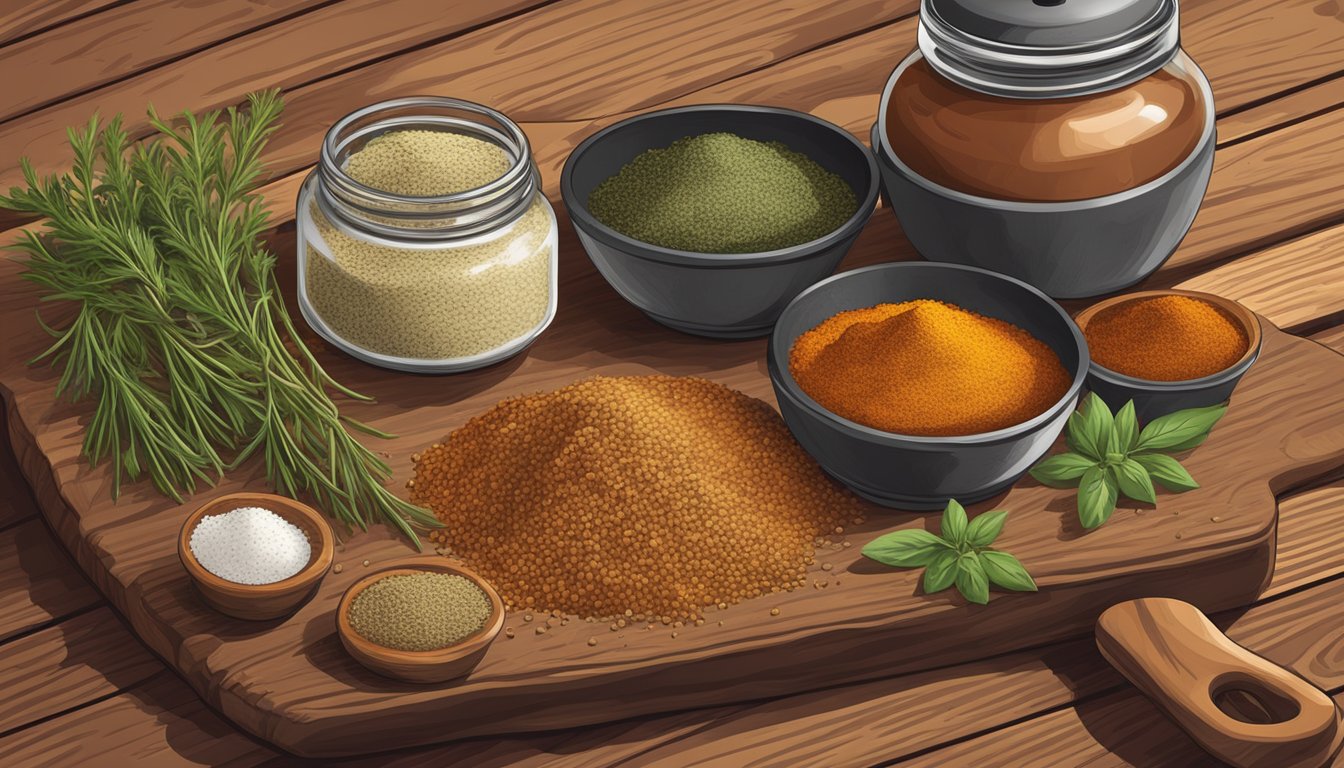 A rustic wooden table with jars of cumin, chili powder, paprika, garlic powder, and oregano. A cast iron skillet and a cutting board with fresh herbs