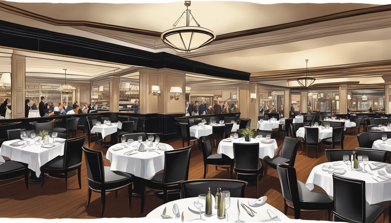 The bustling interior of Morton's The Steakhouse, with elegant decor and sizzling steaks being served to diners