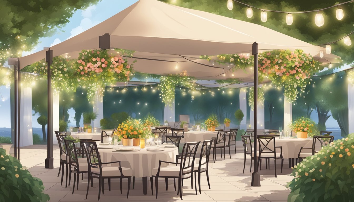 A lush outdoor patio with blooming flowers and elegant tables set for dining under a canopy of string lights