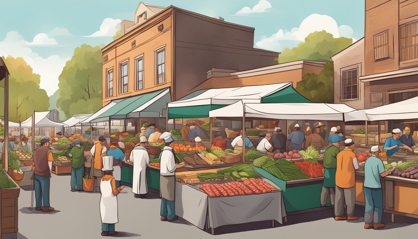 A bustling farmer's market with vendors selling locally sourced beef and produce, surrounded by eager customers and chefs inspecting the quality of the ingredients