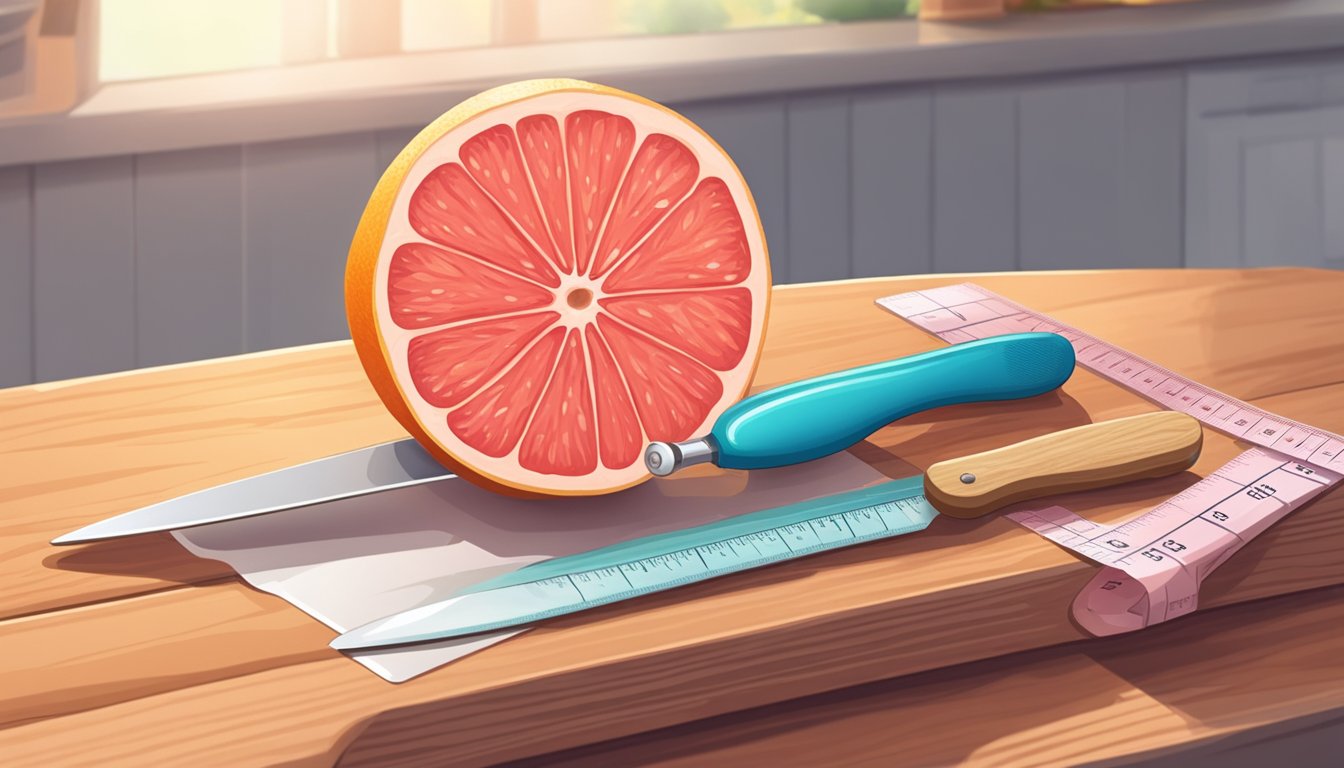 A ripe grapefruit sits on a wooden cutting board, surrounded by a knife and measuring tape. A pregnancy test sits nearby