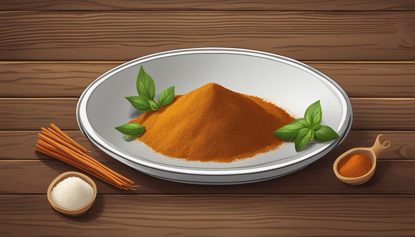 A small dish of chili powder surrounded by cumin, garlic powder, oregano, and paprika on a rustic wooden table