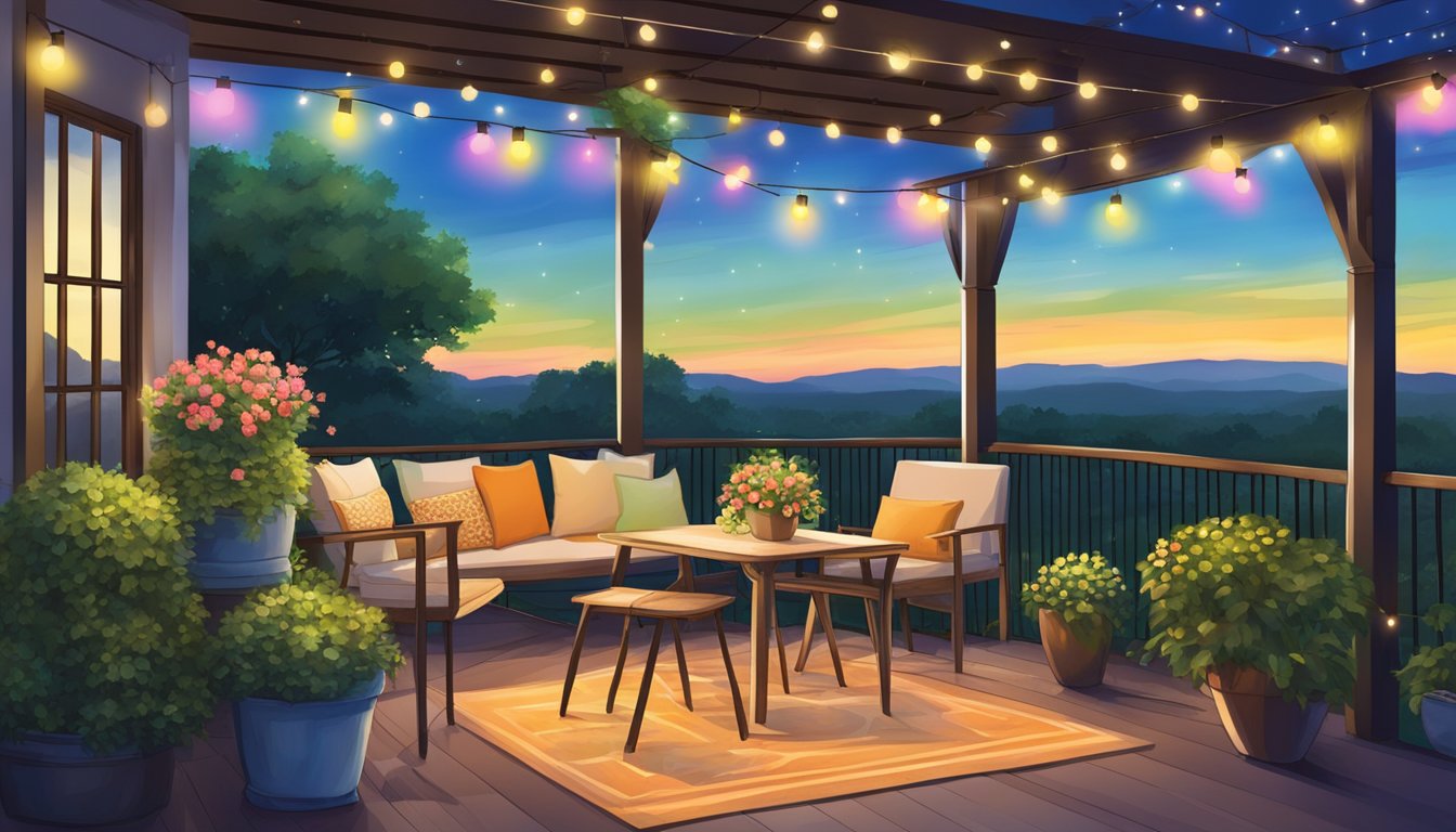 A colorful outdoor patio with string lights and blooming flowers, surrounded by lush greenery and a view of the Texas countryside