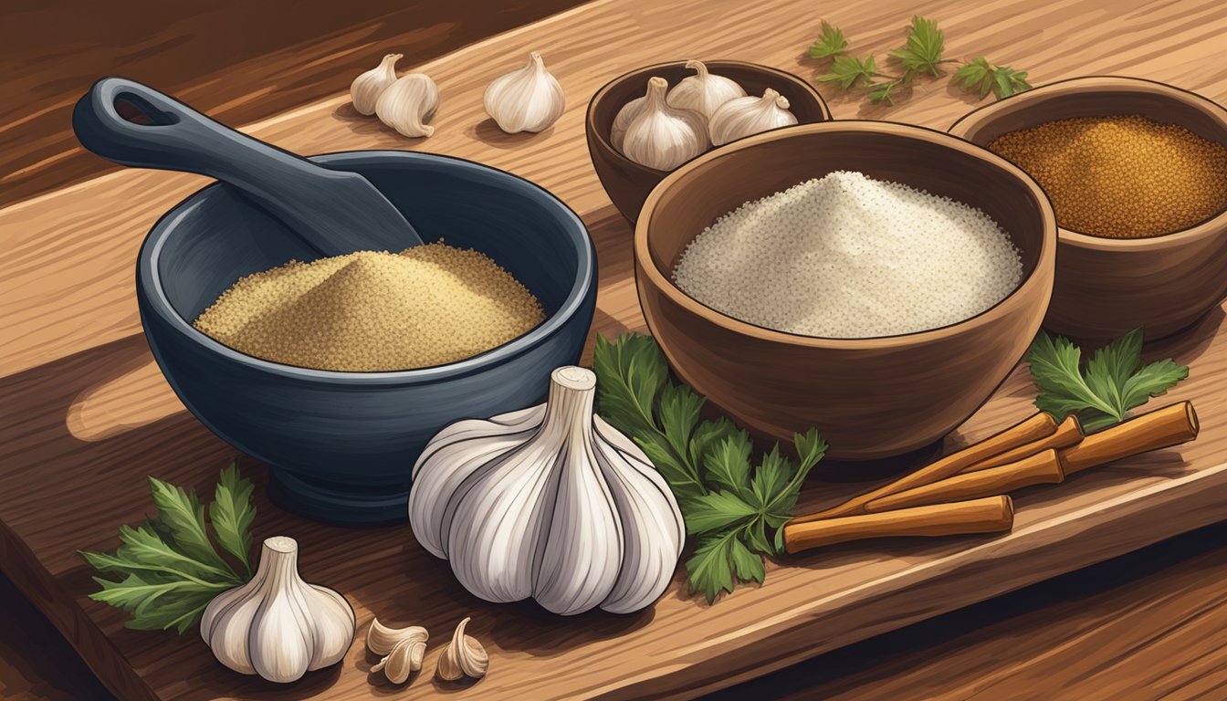 A small bowl of garlic powder sits alongside four other essential spices on a rustic wooden cutting board in a Texas kitchen