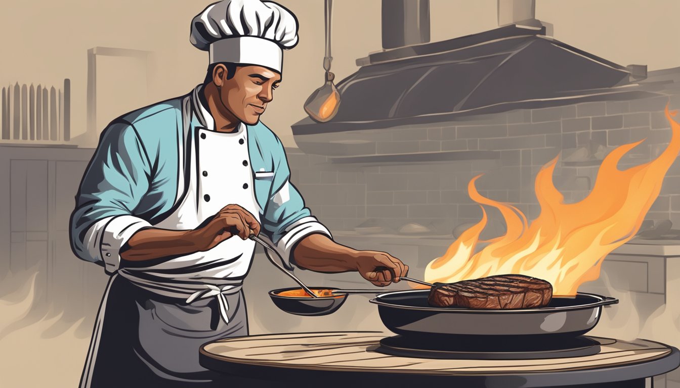 A chef grilling a perfectly marbled steak over a hot flame, infusing it with rich, smoky flavor