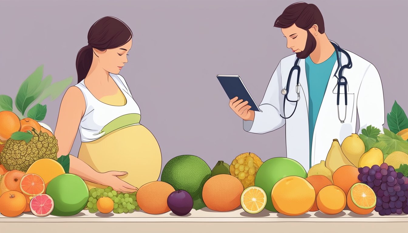 A pregnant woman surrounded by various fruits including grapefruits, with a doctor advising against the diet