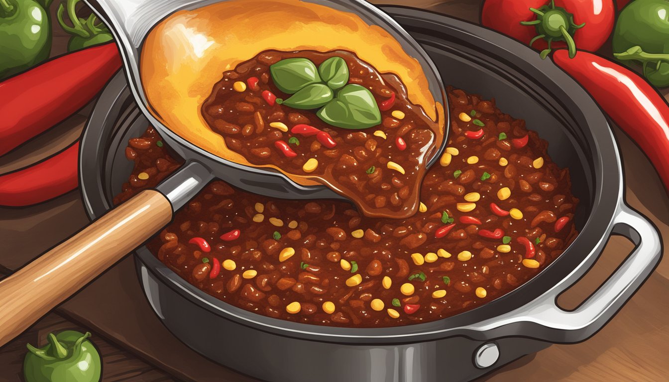 A wooden spoon sprinkles cayenne pepper into a sizzling skillet of Texas chili