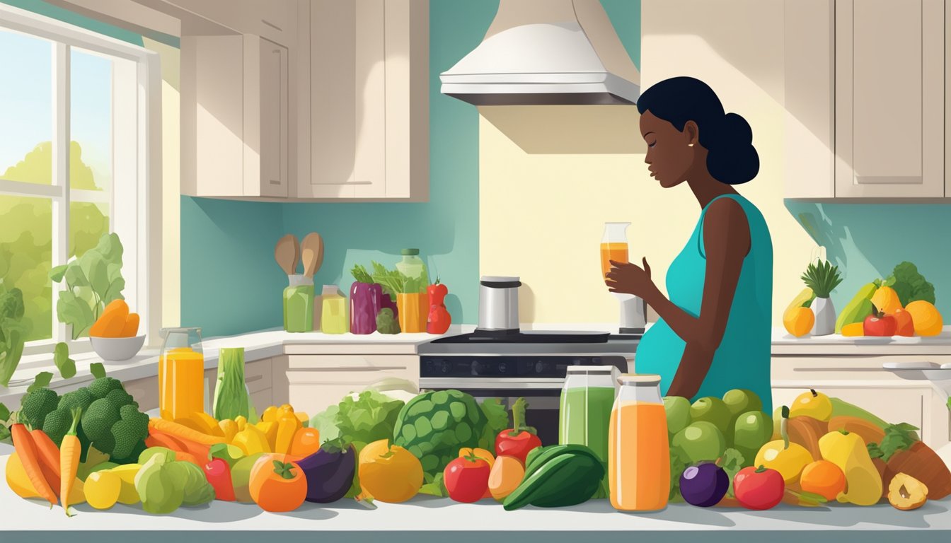 A colorful array of fresh fruits and vegetables arranged on a kitchen counter, with a variety of juice bottles and a pregnant woman's silhouette in the background