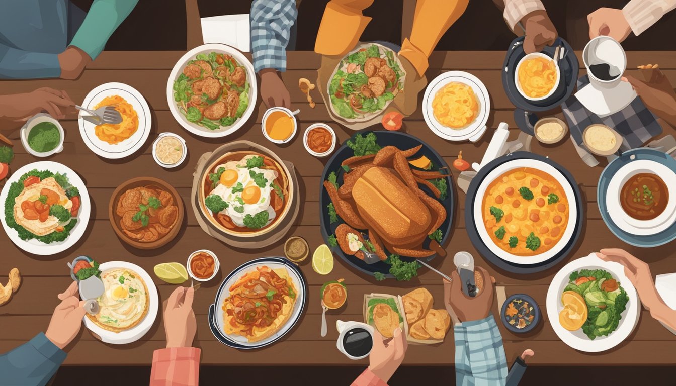 A table with a variety of Texas dishes, surrounded by a group of people taking photos and sharing food on Instagram