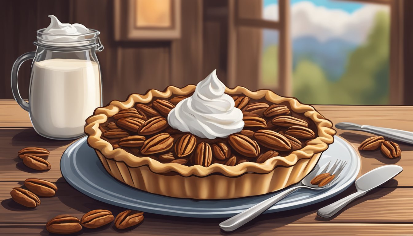 A freshly baked pecan pie sits on a rustic wooden table, surrounded by scattered pecans and a dollop of whipped cream