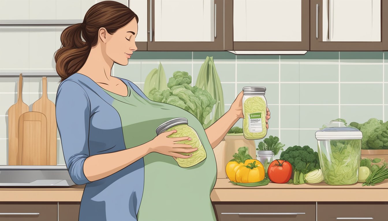 A pregnant woman standing in a kitchen, holding a jar of sauerkraut and looking at a nutritional label