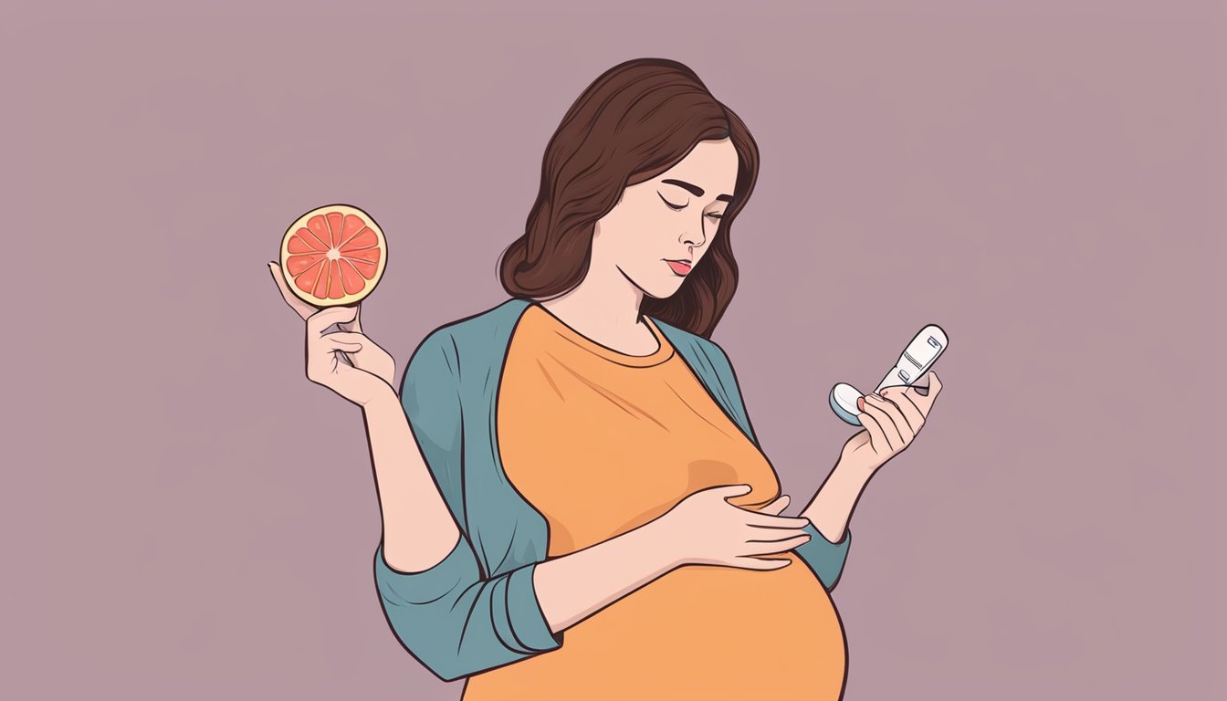 A pregnant woman holding a grapefruit in one hand and a pregnancy test in the other, with a worried expression on her face