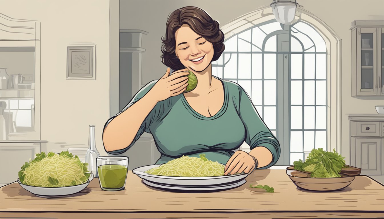 A pregnant woman sitting at a table, enjoying a meal of sauerkraut with a contented expression on her face