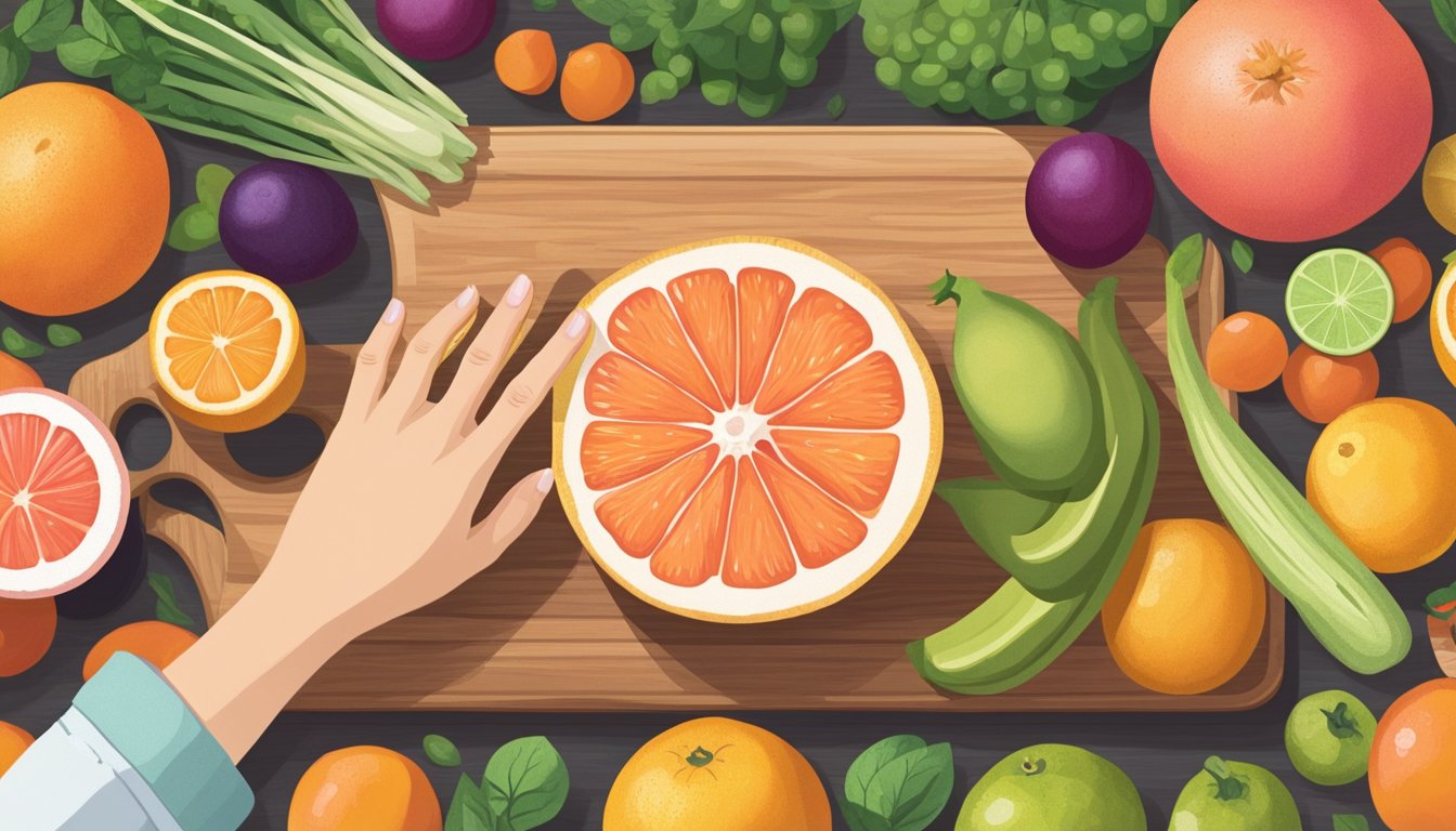 A ripe grapefruit sits on a wooden cutting board, surrounded by a variety of fresh fruits and vegetables. A pregnant woman's hand reaches for the grapefruit, showing her intention to incorporate it into her diet