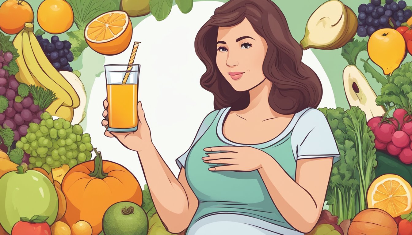 A pregnant woman holding a glass of juice, with a question mark hovering above her head. She is surrounded by various fruits and vegetables