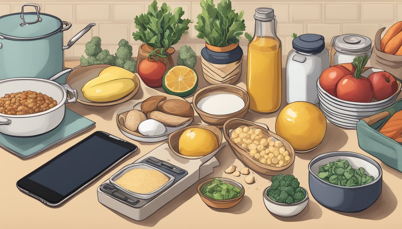 A kitchen counter with various Texas food ingredients and cooking utensils arranged neatly, with a smartphone displaying Instagram open to a page featuring Hilah Cooking by Hilah Johnson