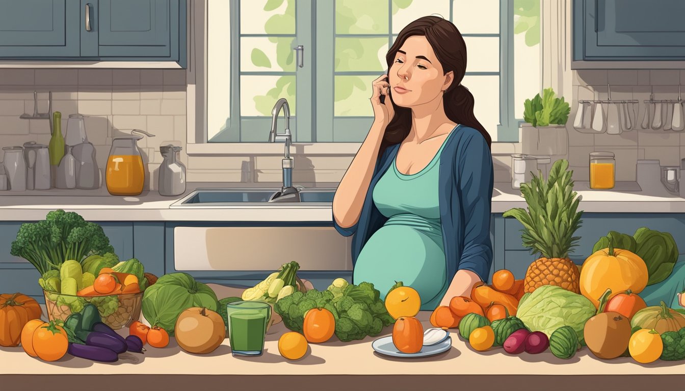 A pregnant woman sitting at a kitchen table, surrounded by various fruits and vegetables, with a bottle of juice and a concerned expression on her face