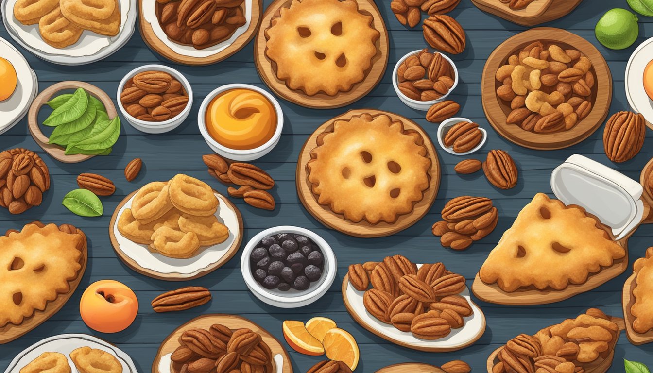 A colorful array of fried pies displayed on a rustic wooden table, surrounded by traditional Texas dessert ingredients like pecans and peaches