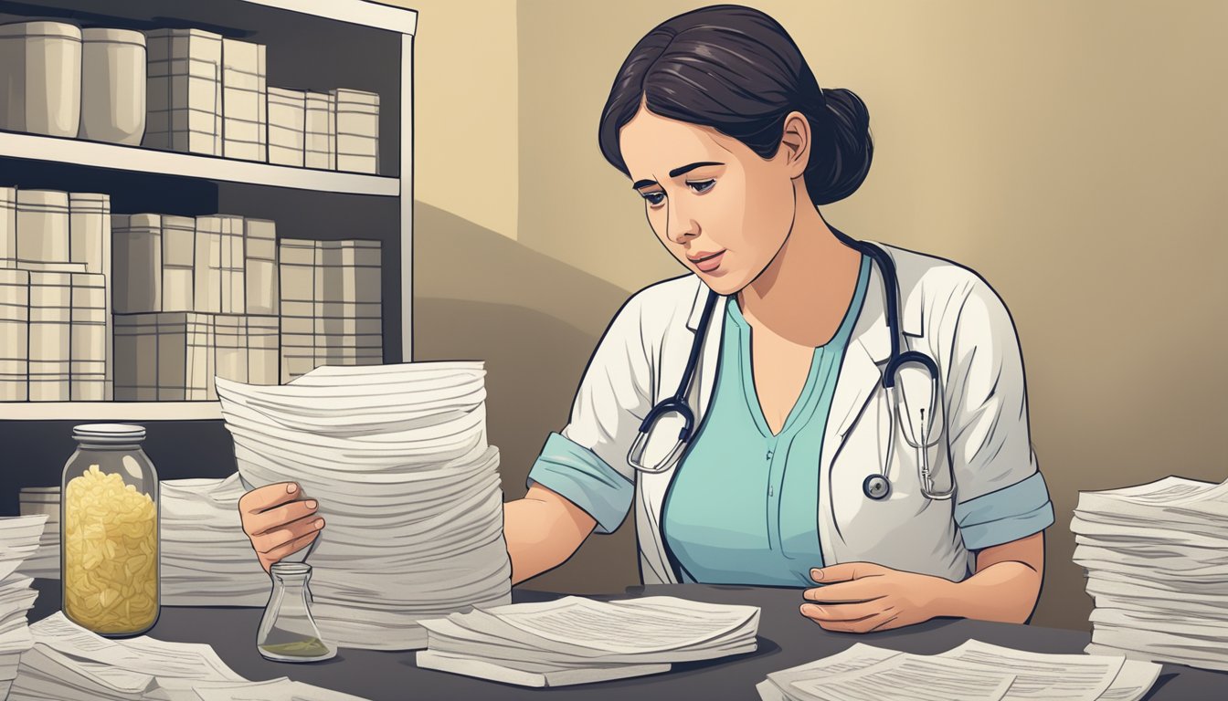 A pregnant woman holding a jar of sauerkraut, with a concerned expression, while looking at a pile of research papers and speaking with a doctor