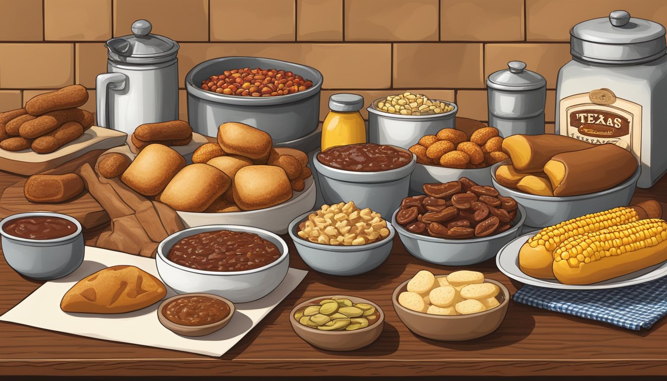 A rustic kitchen counter displays homemade Texas snacks: kolaches, pecan pralines, chili con queso, corn dogs, beef jerky, and chile con carne