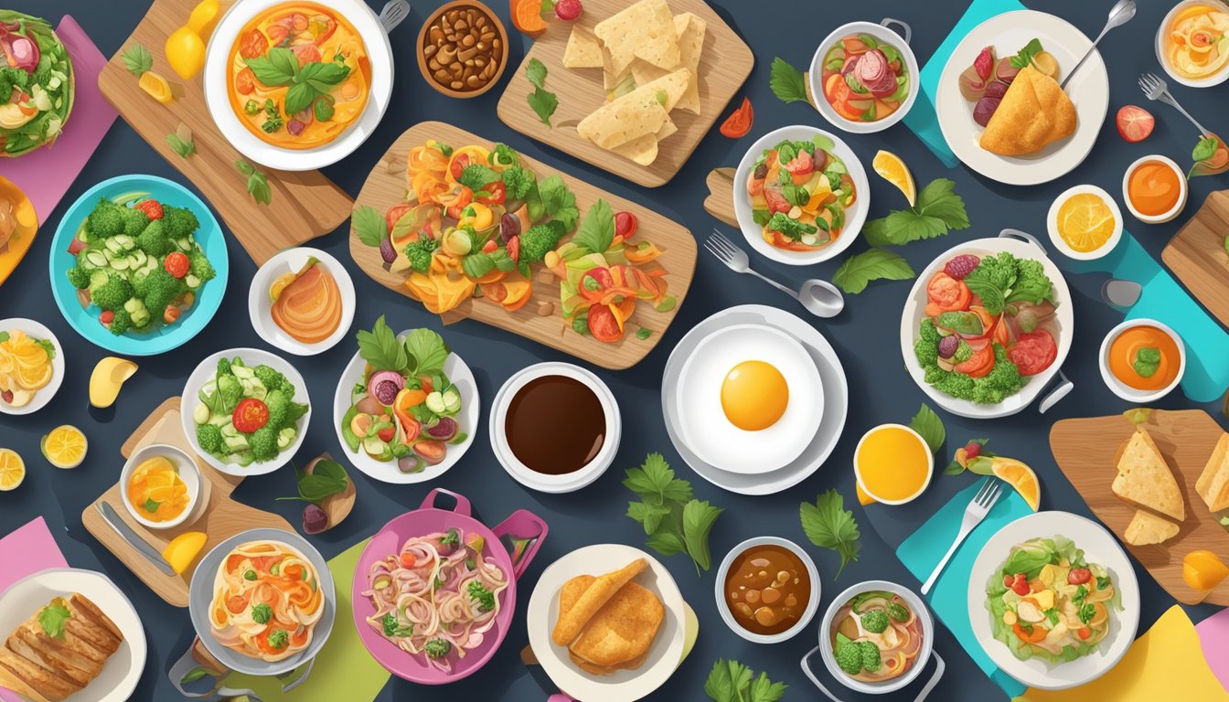 A table filled with colorful and mouth-watering dishes, arranged for a top-down photo. The background includes various food props and a smartphone displaying Instagram