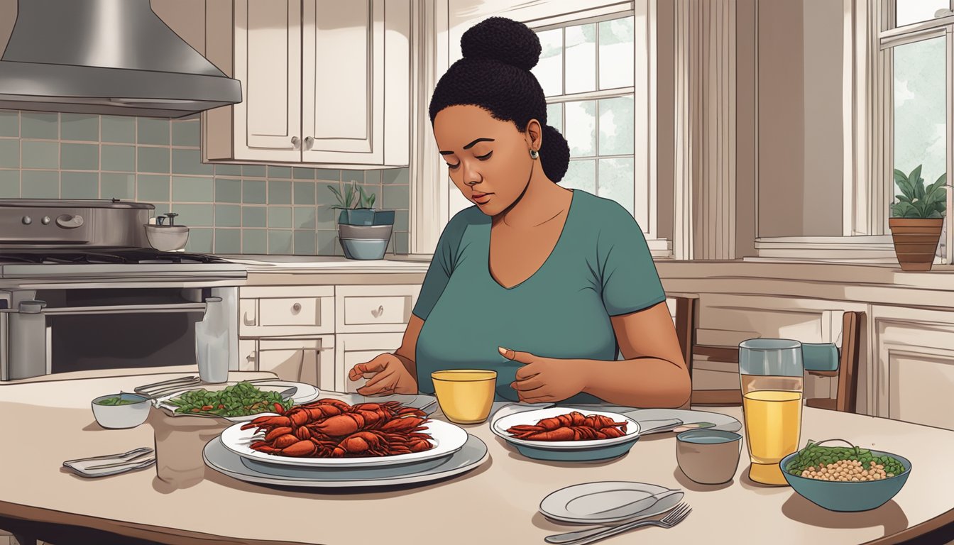 A pregnant woman sitting at a dining table, looking at a plate of cooked crawfish with a concerned expression on her face