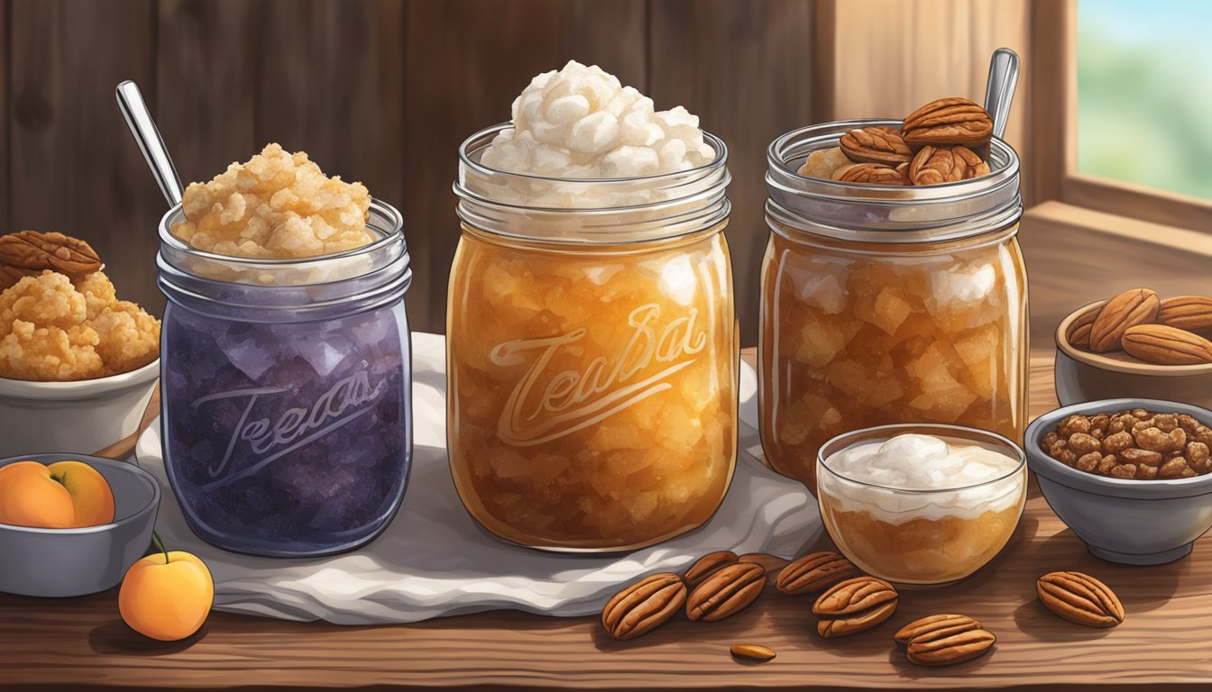 A mason jar filled with sweet tea granita, surrounded by pecan pie, peach cobbler, and other iconic Texas desserts on a rustic wooden table