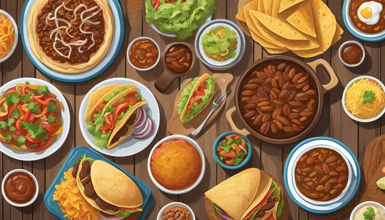 A colorful spread of Texan dishes, including barbecue, chili, tacos, and pecan pie, arranged on a rustic wooden table